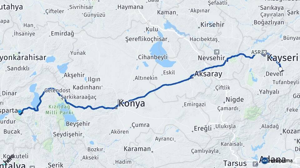 Isparta Tomarza Kayseri Arası Kaç Km - Yol Haritası