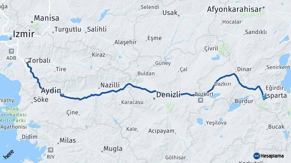 Isparta Torbalı İzmir Arası Kaç Km - Yol Haritası