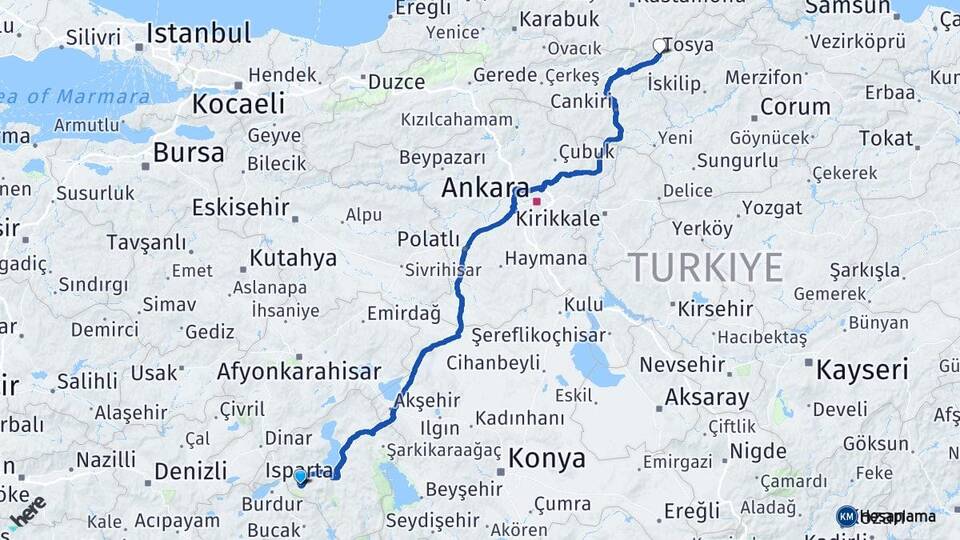 Isparta Tosya Kastamonu Arası Kaç Km - Yol Haritası