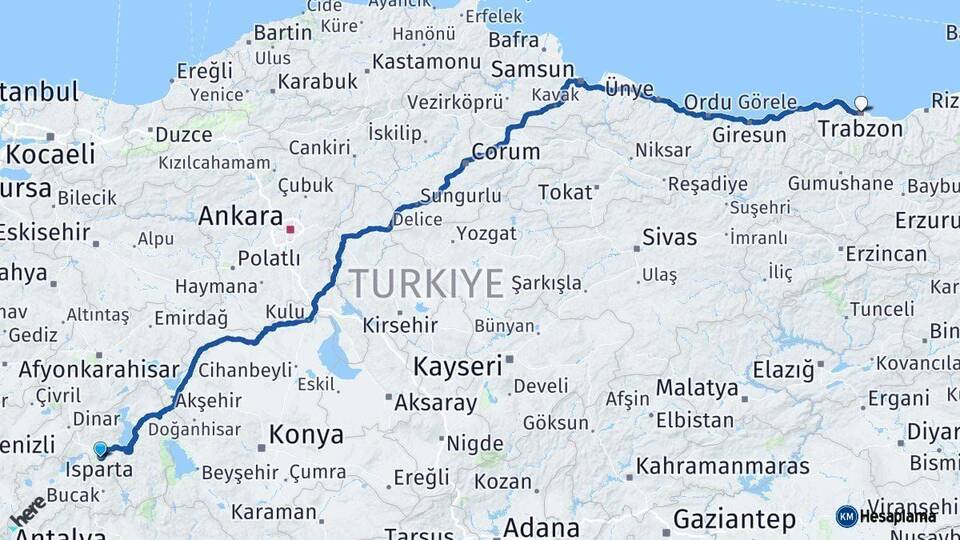 Isparta Trabzon Arası Kaç Km - Yol Haritası