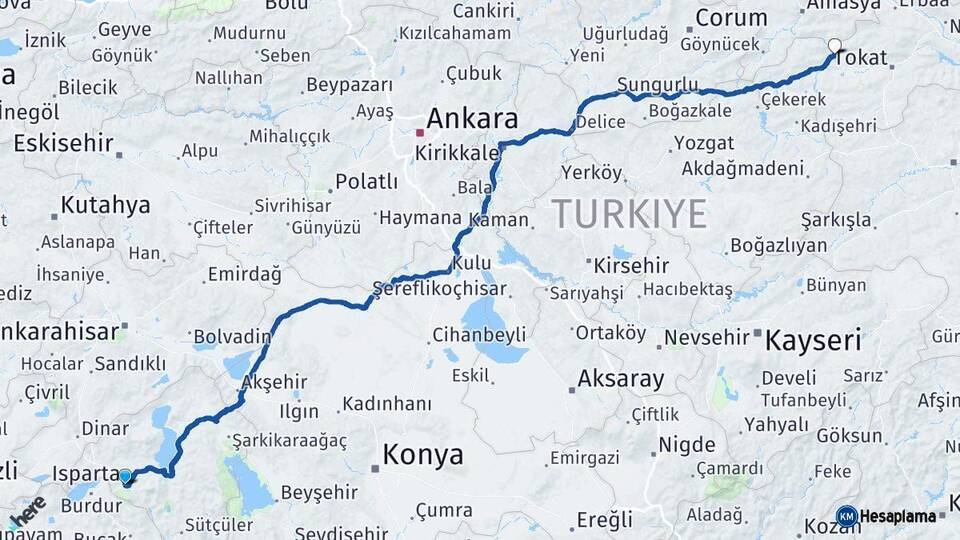 Isparta Turhal Tokat Arası Kaç Km - Yol Haritası