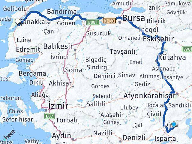 Uluborlu Çanakkale Arası Kaç Km - Yol Tarifi