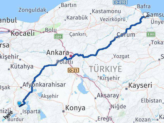 Uluborlu Samsun Arası Kaç Km - Yol Tarifi