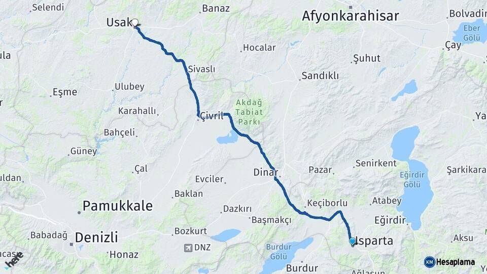 Isparta Uşak Arası Kaç Km - Yol Haritası