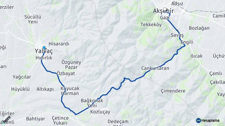 Isparta Yalvaç Akşehir Konya Arası Kaç Km - Yol Haritası