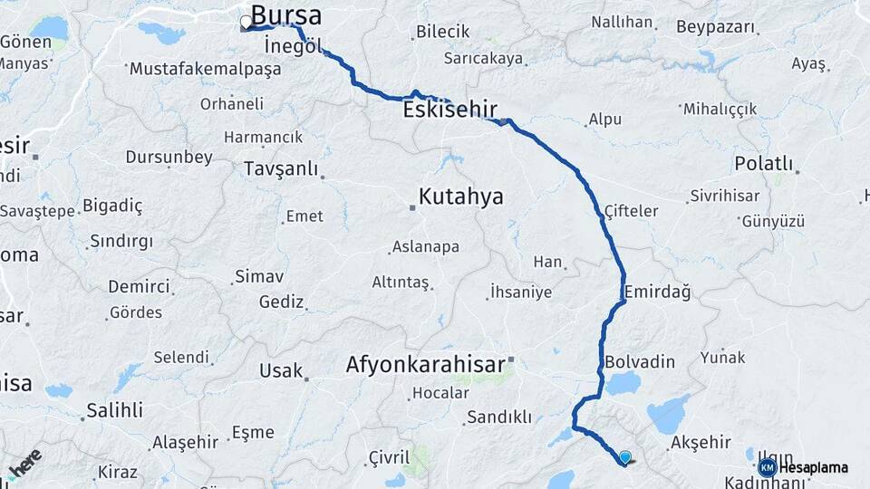 Isparta Yalvaç Bursa Arası Kaç Km - Yol Haritası