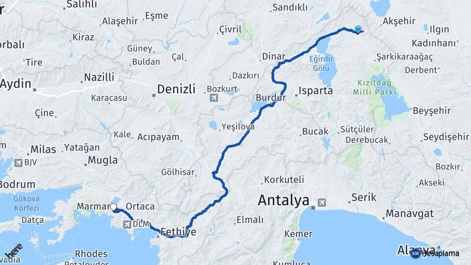 Isparta Yalvaç Dalyan Ortaca Muğla Arası Kaç Km - Yol Haritası