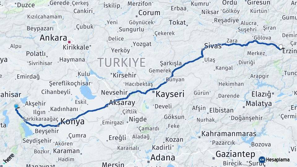 Isparta Yalvaç Erzincan Arası Kaç Km - Yol Haritası