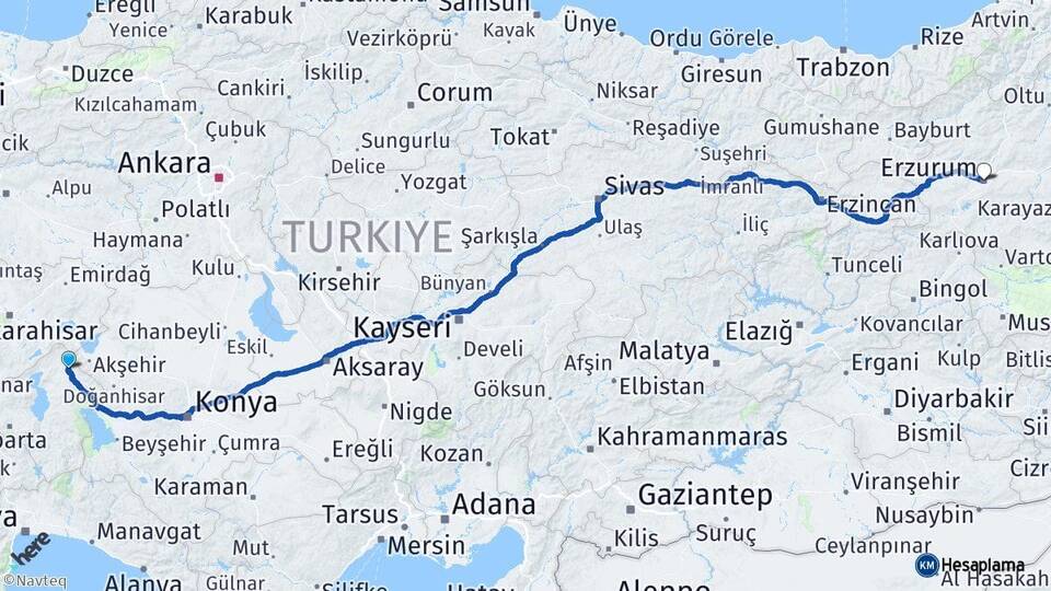 Isparta Yalvaç Erzurum Arası Kaç Km - Yol Haritası