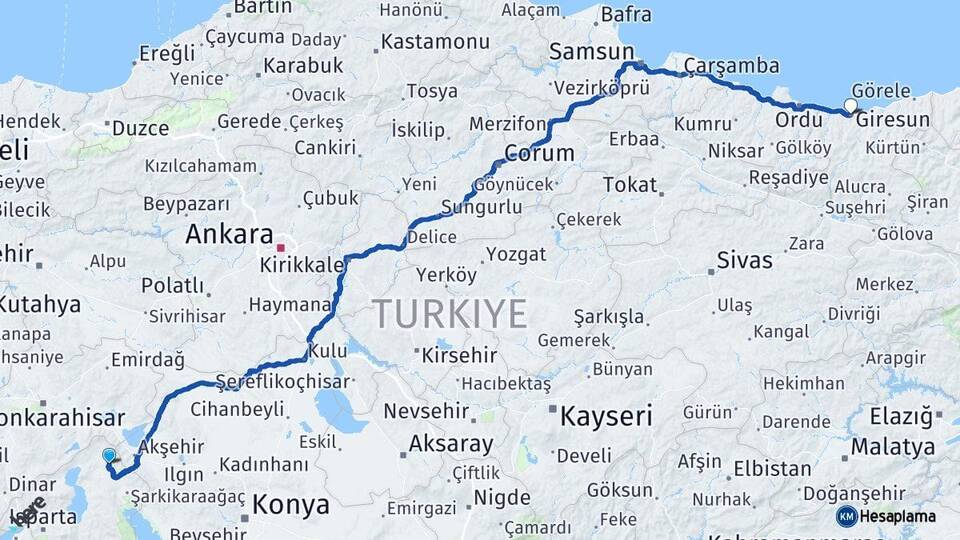 Isparta Yalvaç Giresun Arası Kaç Km - Yol Haritası