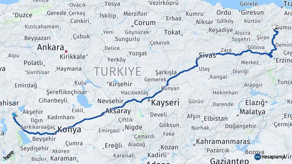 Isparta Yalvaç Gümüşhane Arası Kaç Km - Yol Haritası