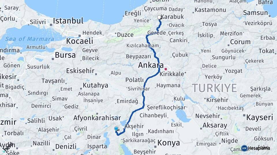 Isparta Yalvaç Karabük Arası Kaç Km - Yol Haritası