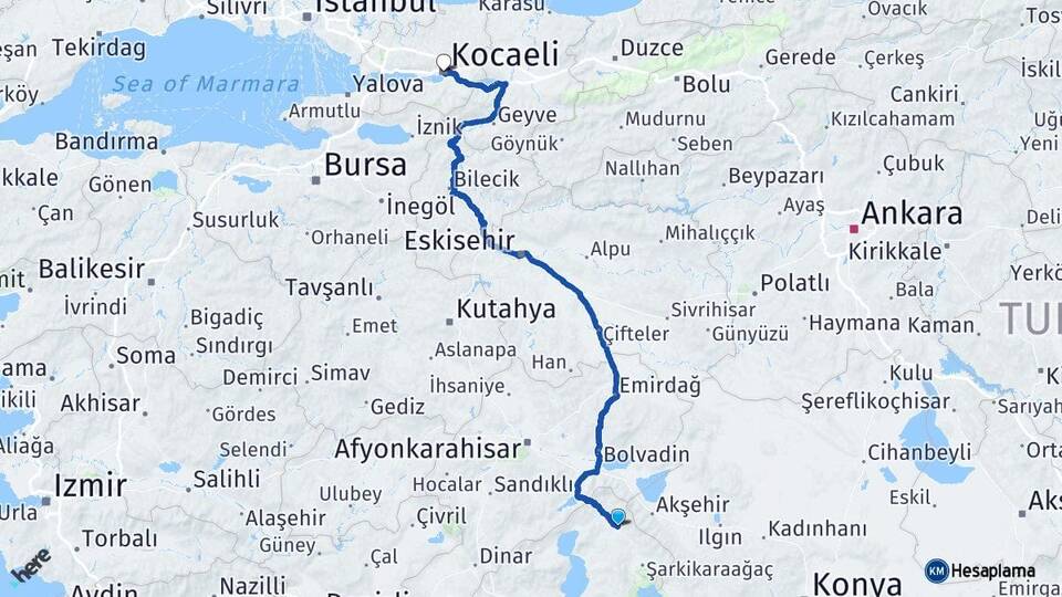 Isparta Yalvaç Kocaeli Arası Kaç Km - Yol Haritası