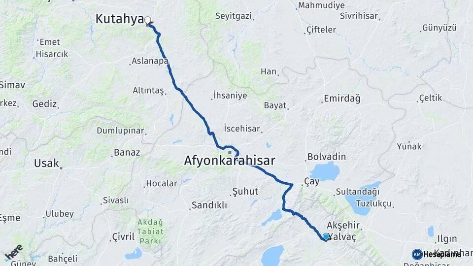 Isparta Yalvaç Kütahya Arası Kaç Km - Yol Haritası