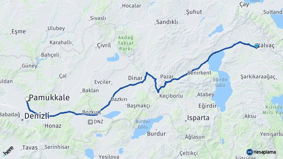 Isparta Yalvaç Pamukkale Denizli Arası Kaç Km - Yol Haritası