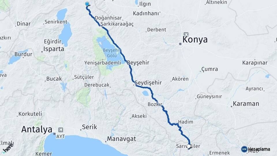 Isparta Yalvaç Sarıveliler Karaman Arası Kaç Km - Yol Haritası