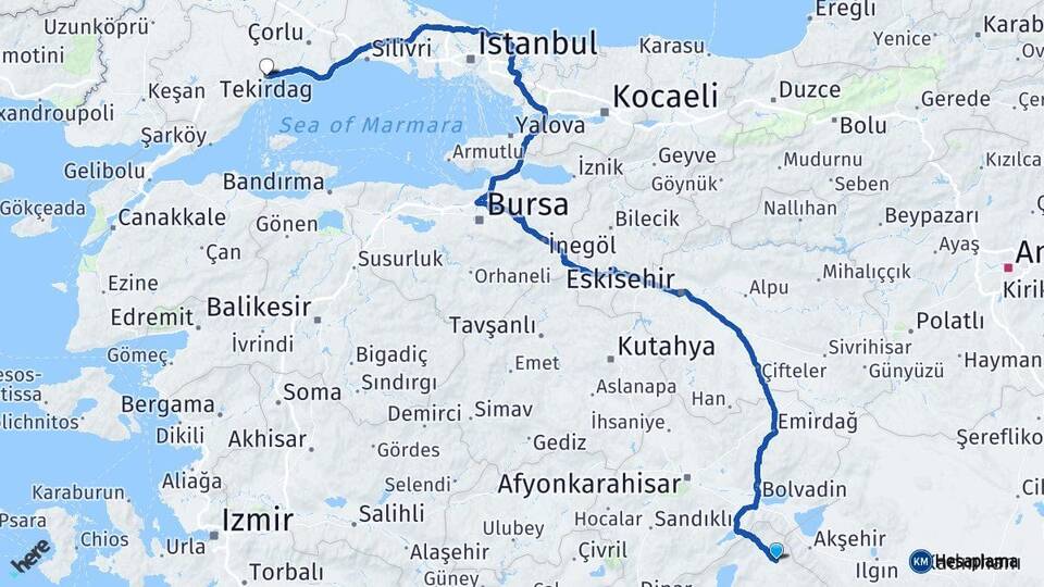 Isparta Yalvaç Tekirdağ Arası Kaç Km - Yol Haritası