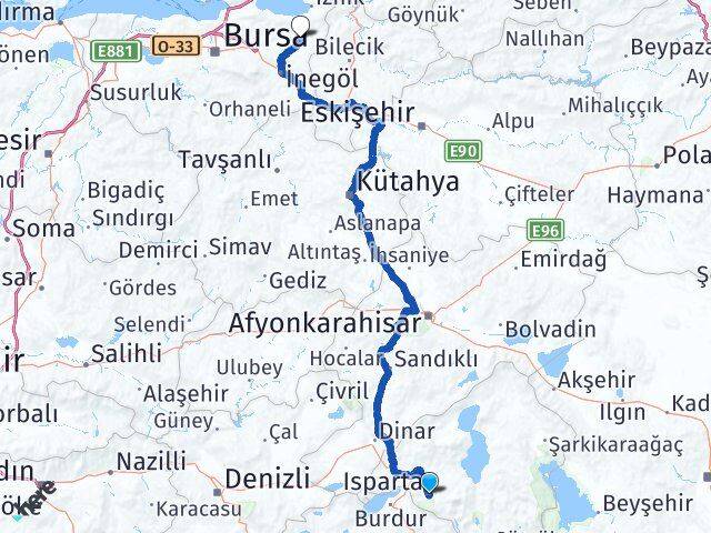 Isparta Yenişehir Bursa Arası Kaç Km - Yol Haritası