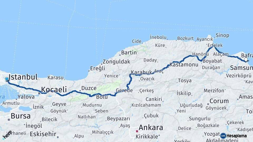 İstanbul 19 Mayıs Samsun Arası Kaç Km - Yol Haritası