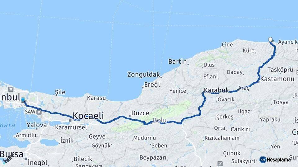 İstanbul Abana Kastamonu Arası Kaç Km - Yol Haritası