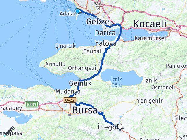 İstanbul Adalar İnegöl Bursa Arası Kaç Km - Yol Haritası