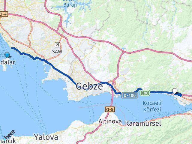 İstanbul Adalar Körfez Kocaeli Arası Kaç Km - Yol Haritası