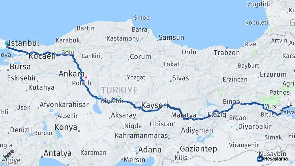 İstanbul Adilcevaz Bitlis Arası Kaç Km - Yol Haritası