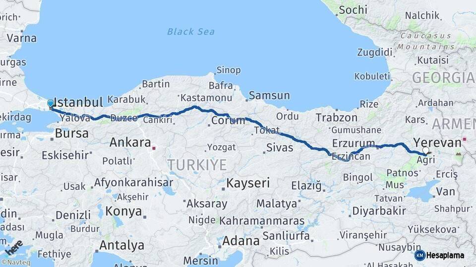İstanbul Ağrı Arası Kaç Km - Yol Haritası