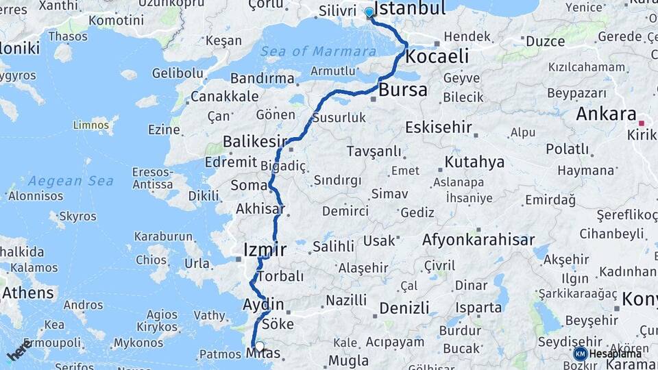 İstanbul Akbük Didim Aydın Arası Kaç Km - Yol Haritası