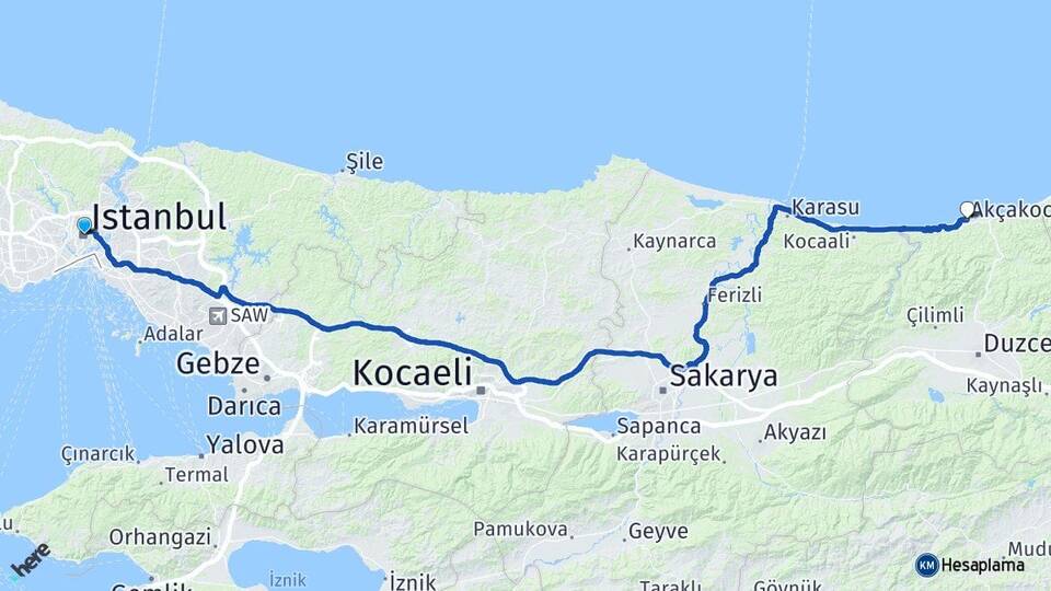 İstanbul Akçakoca Düzce Arası Kaç Km - Yol Haritası