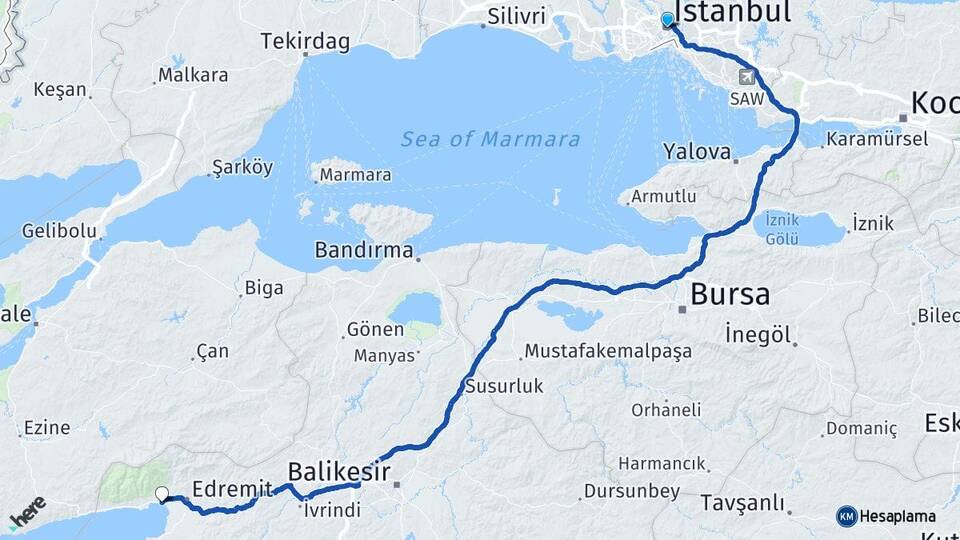 İstanbul Akçay Edremit Balıkesir Arası Kaç Km - Yol Haritası
