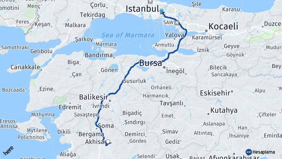 İstanbul Akhisar Manisa Arası Kaç Km - Yol Haritası