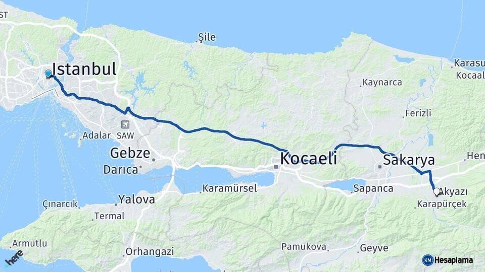 İstanbul Akyazı Sakarya Arası Kaç Km - Yol Haritası