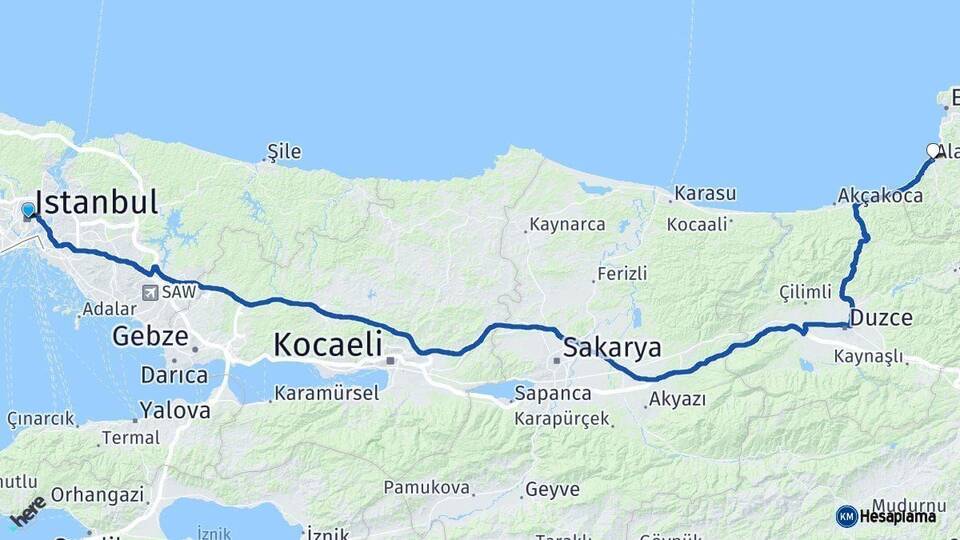 İstanbul Alaplı Zonguldak Arası Kaç Km - Yol Haritası
