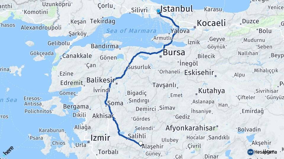 İstanbul Alaşehir Manisa Arası Kaç Km - Yol Haritası