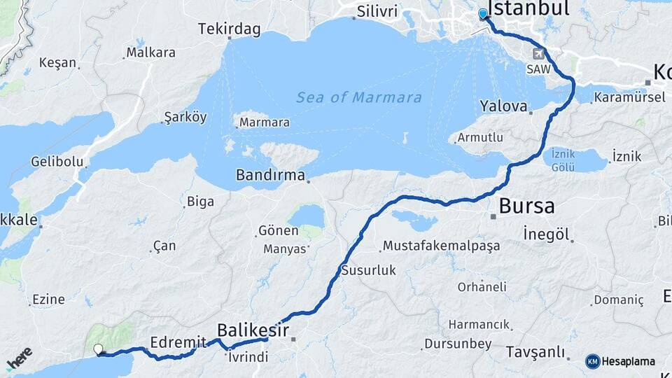 İstanbul Altınoluk Edremit Balıkesir Arası Kaç Km - Yol Haritası