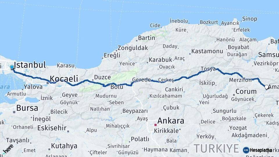 İstanbul Amasya Arası Kaç Km - Yol Haritası