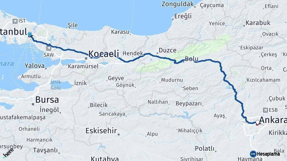 İstanbul Ankara Arası Kaç Km - Yol Haritası