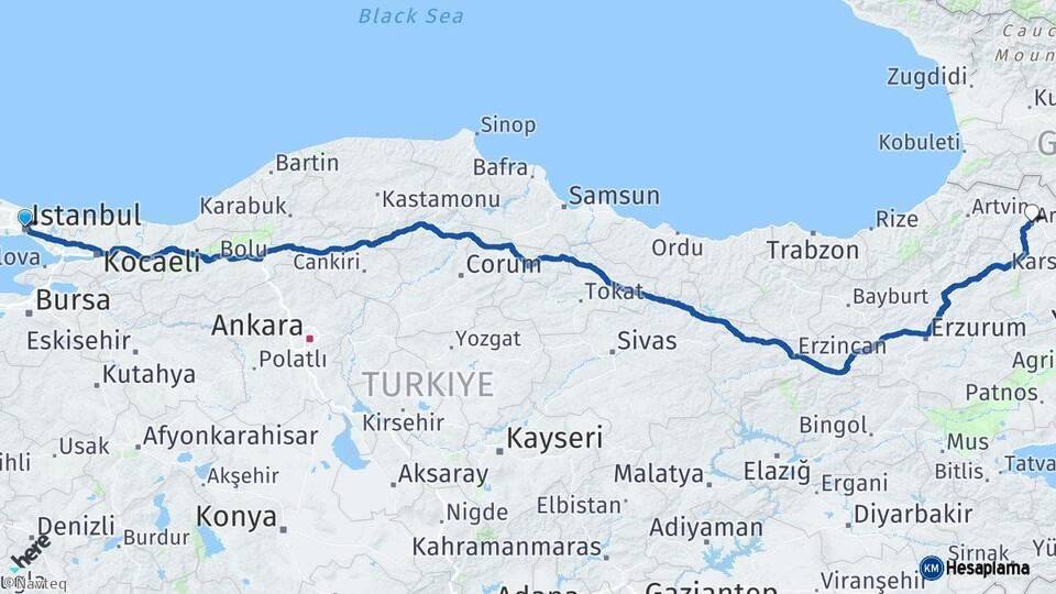 İstanbul Ardahan Arası Kaç Km - Yol Haritası
