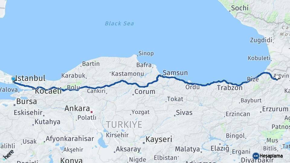 İstanbul Ardanuç Artvin Arası Kaç Km - Yol Haritası