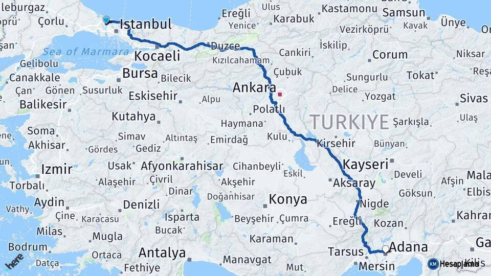İstanbul Arnavutköy Adana Arası Kaç Km - Yol Haritası