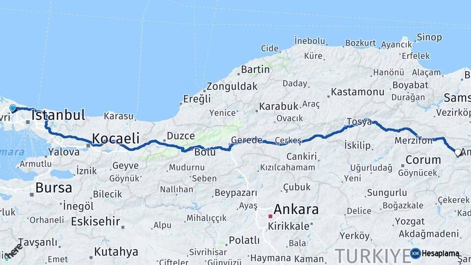 İstanbul Arnavutköy Amasya Arası Kaç Km - Yol Haritası