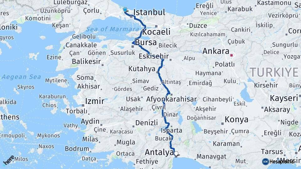 İstanbul Arnavutköy Antalya Arası Kaç Km - Yol Haritası