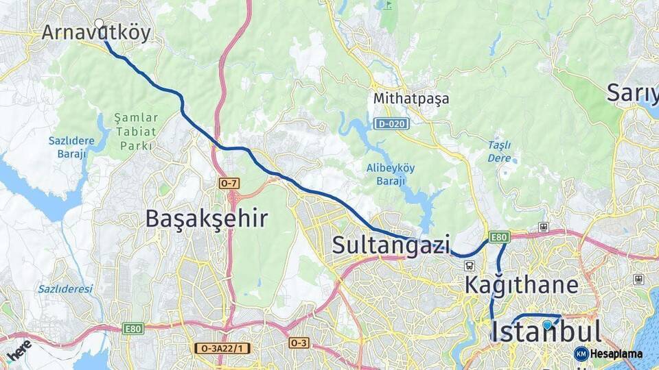 İstanbul Arnavutköy Arası Kaç Km - Yol Haritası