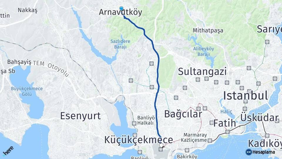 İstanbul Arnavutköy Atatürk Havalimanı Arası Kaç Km - Yol Haritası