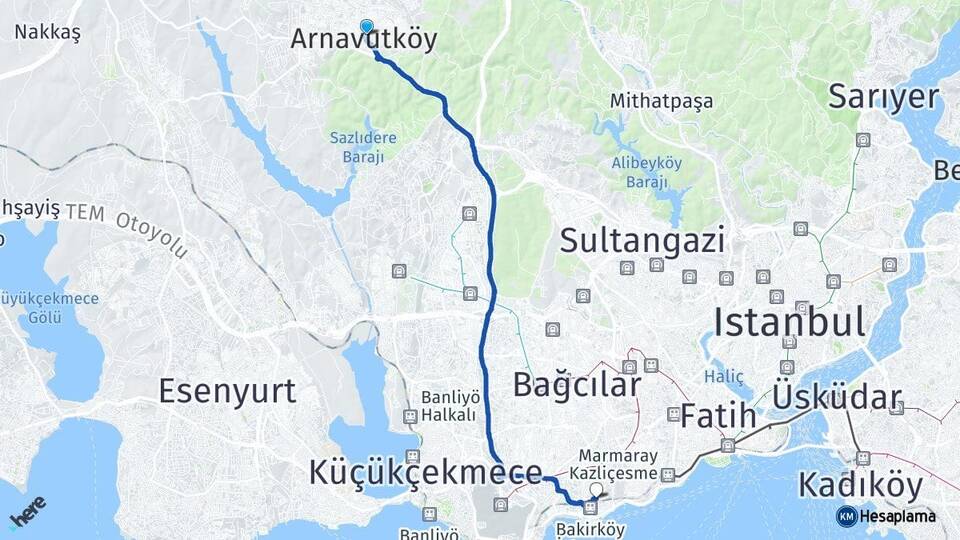 İstanbul Arnavutköy Bakırköy Arası Kaç Km - Yol Haritası