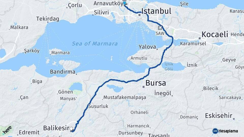 İstanbul Arnavutköy Balıkesir Arası Kaç Km - Yol Haritası