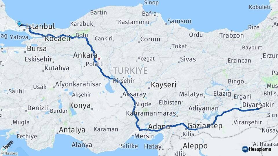 İstanbul Arnavutköy Batman Arası Kaç Km - Yol Haritası