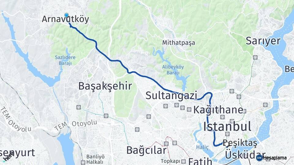 İstanbul Arnavutköy Beyoğlu Arası Kaç Km - Yol Haritası