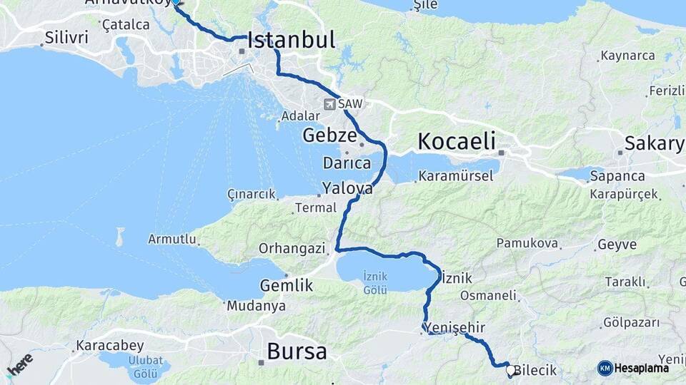 İstanbul Arnavutköy Bilecik Arası Kaç Km - Yol Haritası
